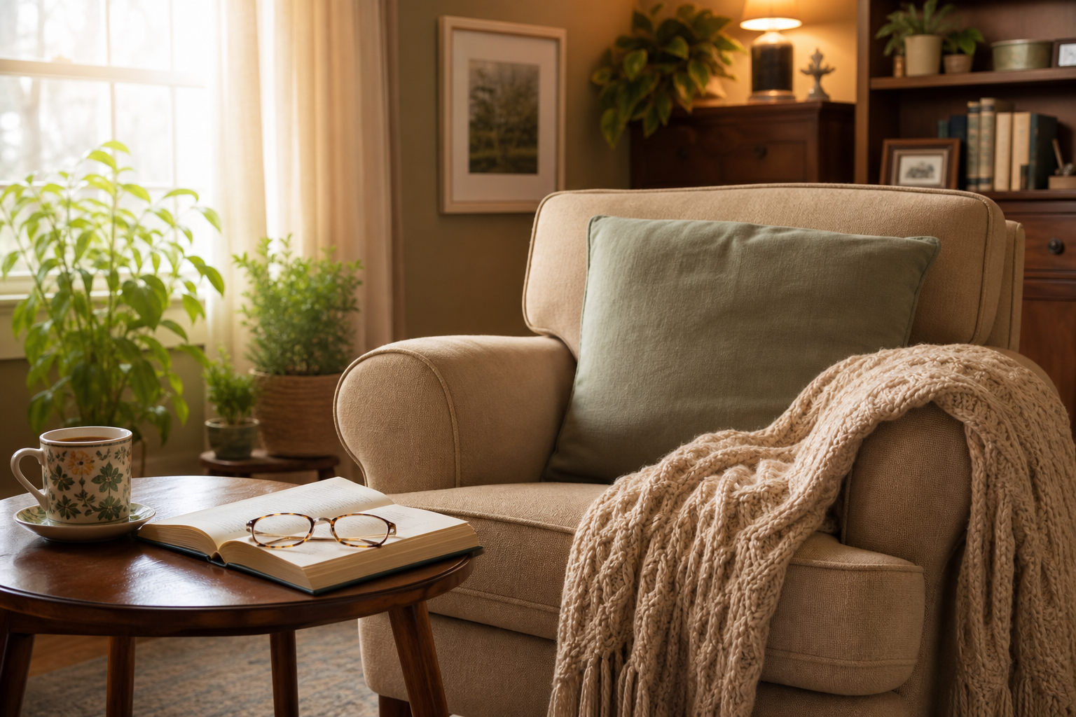 A warm, inviting, and peaceful living space representing comfortable home care