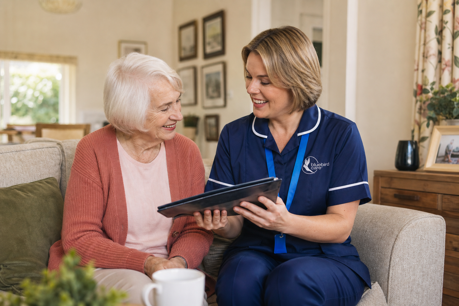 Friendly care professional chatting with an elderly person